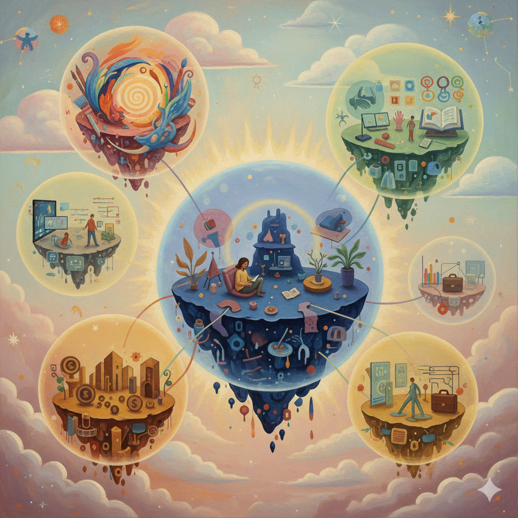 Illustration of a central floating island ringed by smaller island worlds, each holding a different scene of life and work, connected by glowing threads