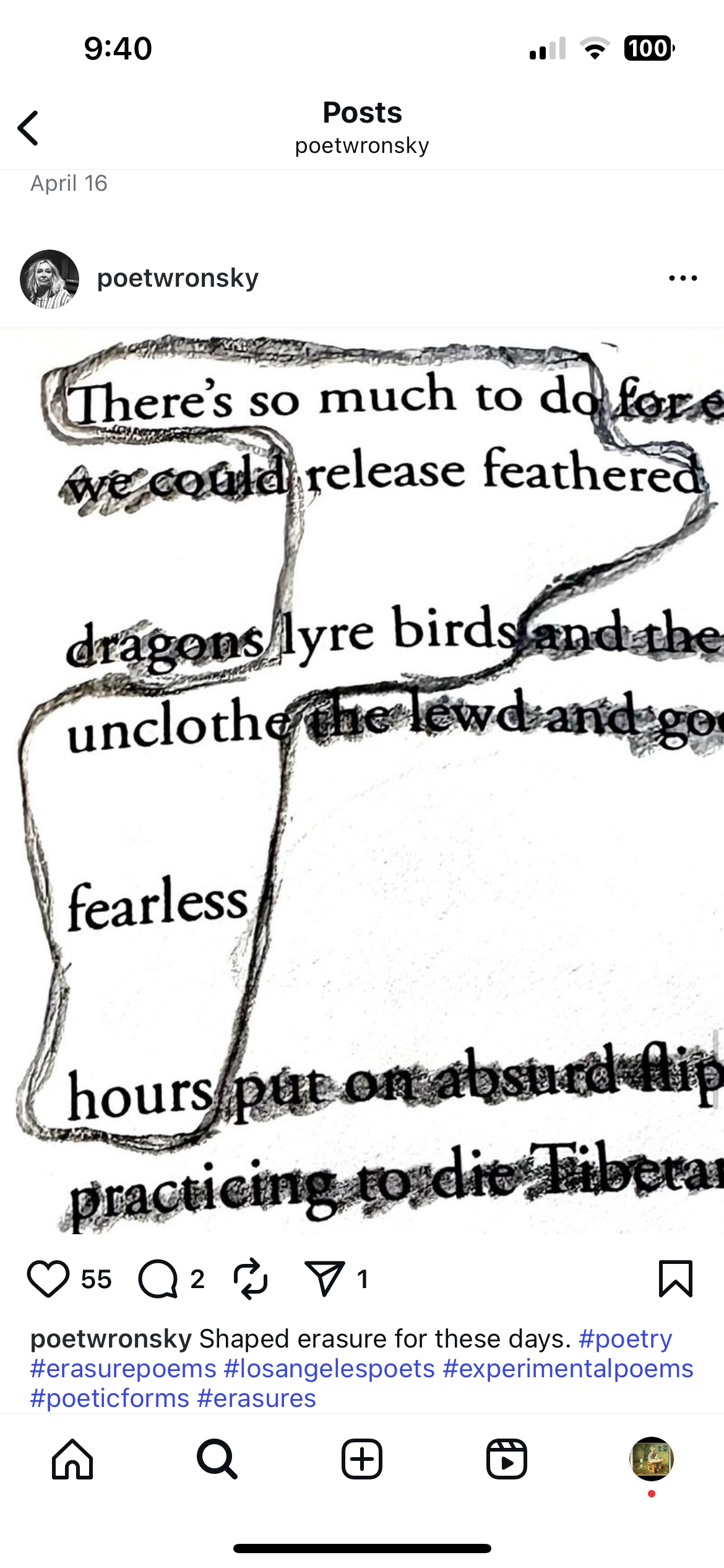 Instagram screenshot of an erasure poem by poetwronsky, made by circling words on a printed page in pen