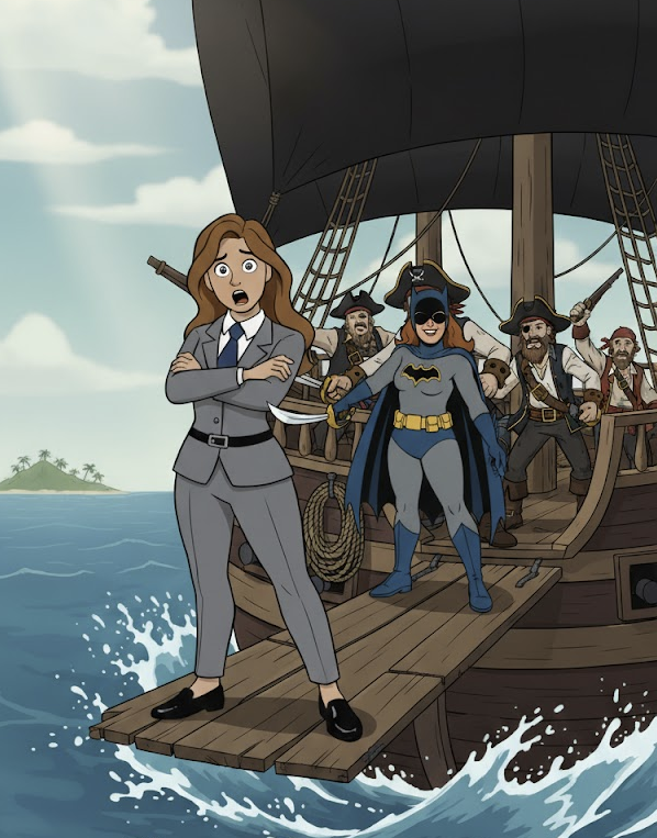 Illustrated Sarah in a business suit standing on a ship's plank, with Batman behind her and a crew watching from the deck