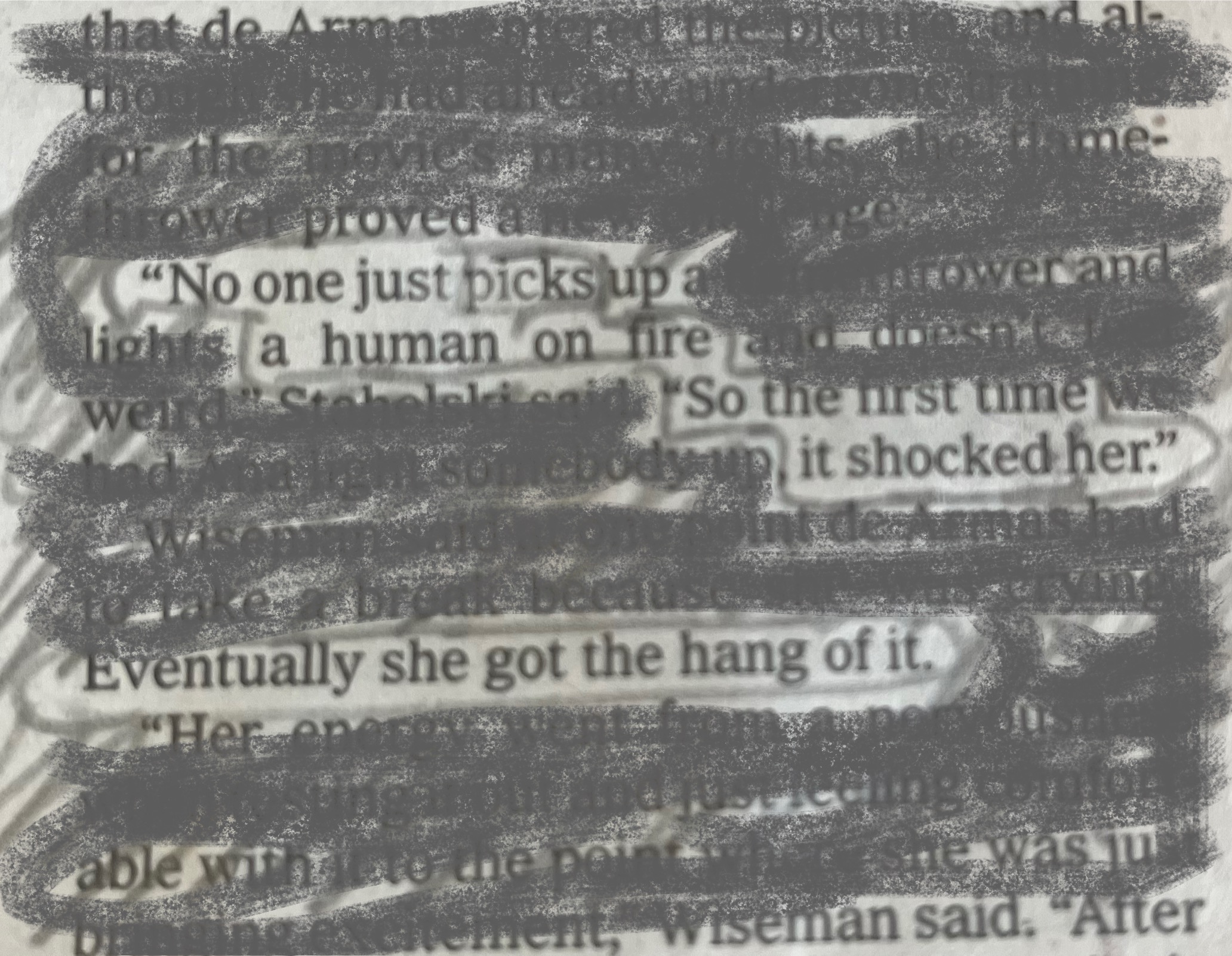Photo of a printed book page with most text blacked out in marker, leaving an erasure poem visible
