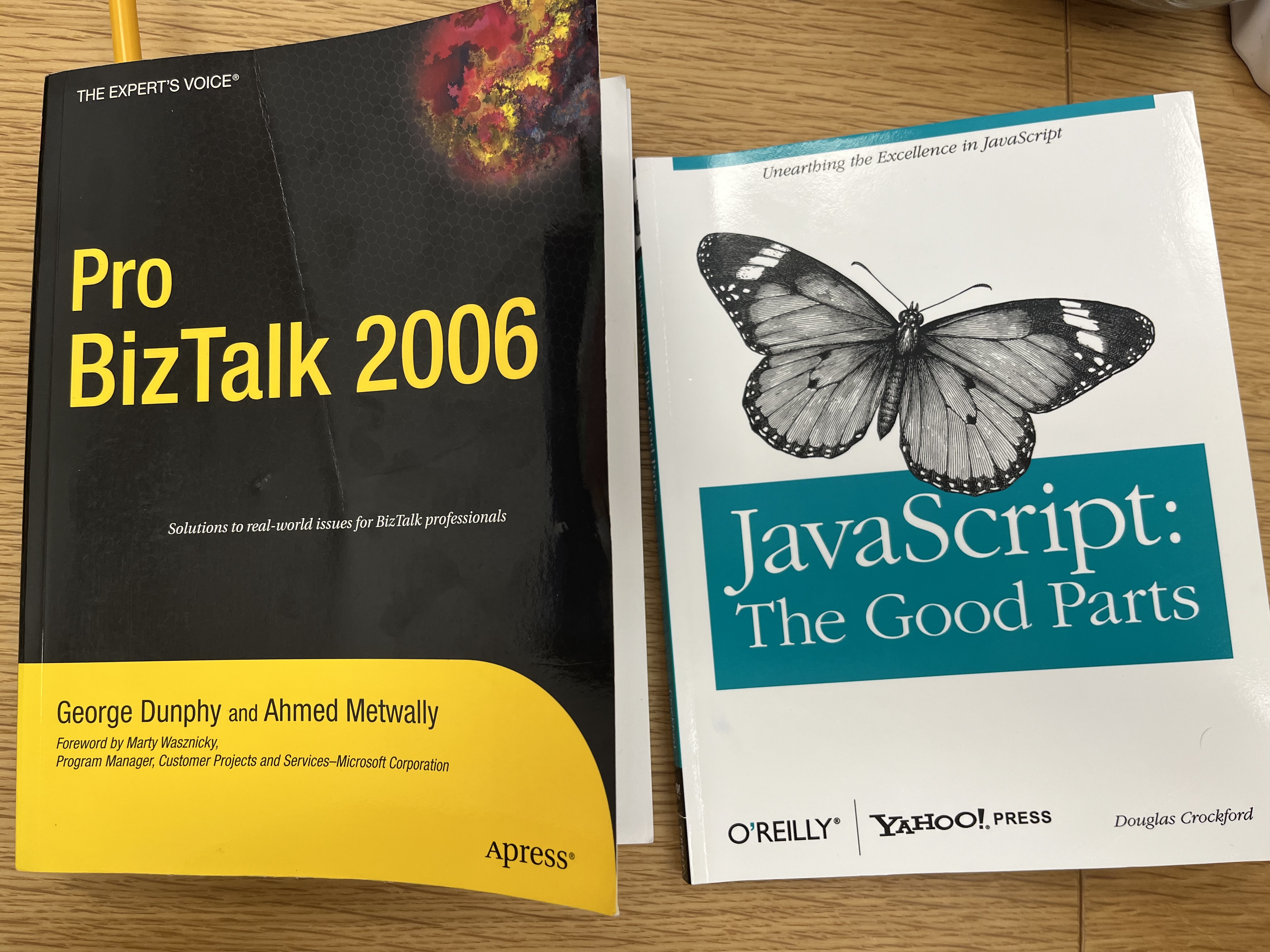 Two well-worn tech books, Pro BizTalk 2006 and JavaScript: The Good Parts, side by side on a wooden table