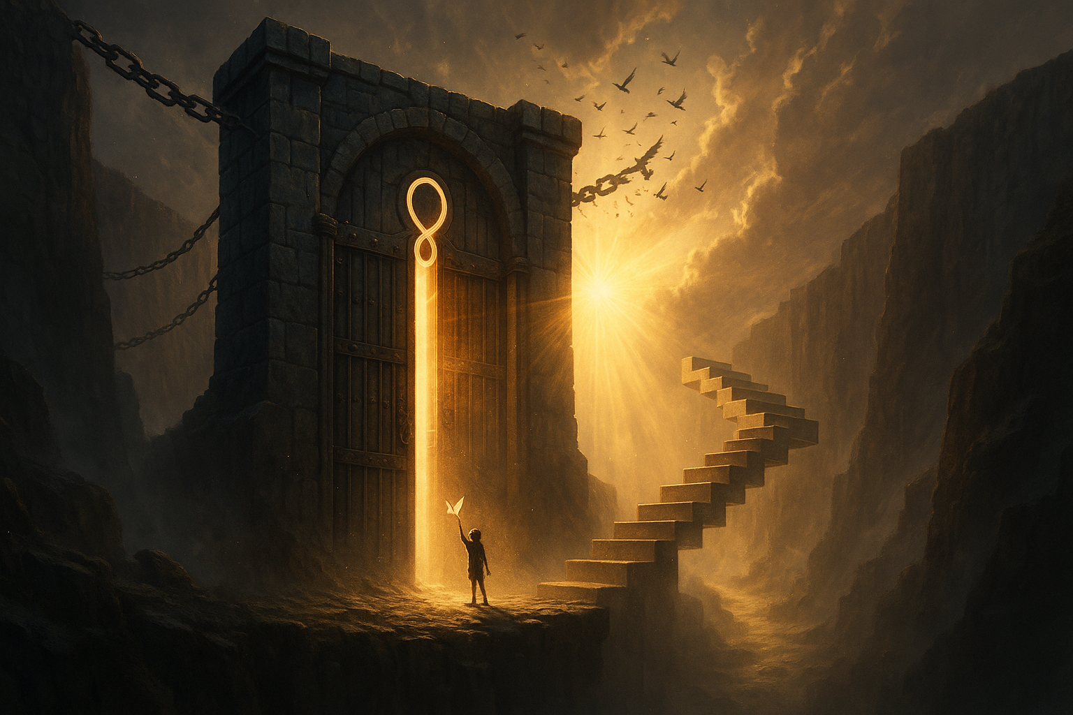 A lone figure stands before a massive stone gate glowing with golden light, a staircase climbing into darkness beside it